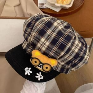 THANKSKY วายทูเค หมวกแปดเหลี่ยมลายตาราง แว่นตาหมี ผ้าฝ้าย หมวกเบเร่ต์น่ารัก วินเทจ ย้อนยุค หมวกเด็กส่งหนังสือพิมพ์ คุณผู้หญิง