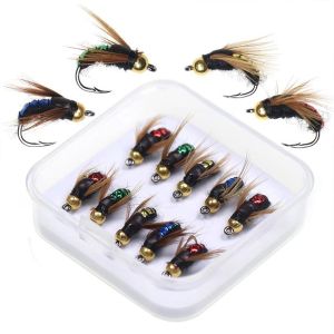 10Pcs/Set Umpan Pancing Lure Model Serangga Tiruan Umpan Lalat Lembut Sudah Terpasang Kail Isi 10Pcs /Kotak Warna Merah/Biru/Hijau/Kuning 15Mm