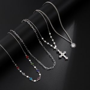HANZE Necklace Set Love Pearl Necklace Silver Ethnic Style Cross Pendant Necklace Creative Jewelry Accessories Rhinestone Necklace Women
