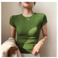 BASIC Double Lining Full Length Top Short sleeve Basic Plain T Shirts Top for women Cotton Spandex Slim Fit Body Hugging T-shirt Top XS-S free size. 