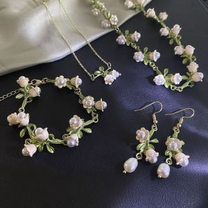 NOBLELUX Pearl Lily of The Valley Jewelry Set White Tassel Flower Necklace Green Orchids Bracelet Gifts