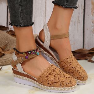 [Free Shipping] European-Style Wedge Sandals WomenS Lace-Woven Closed-Toe Sandals WomenS Ethnic-Style Roman Sandals.