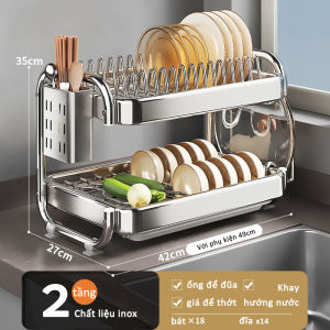 GSlife Kệ Để Chén Bát Đĩa 2/3 Tầng inox - Kèm Giá Để Đũa Giá Để Nắp Nồi Thớt Khay Hứng Nước