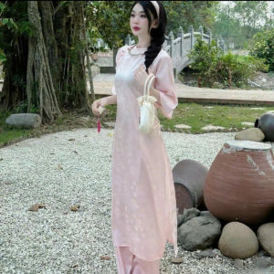 Set áo dài thiết kế áo dài cách tân mặc Tết set áo dài đi chùa chất Gấm hoa cổ trong nút tàu kèm quần Tuyết Nhung