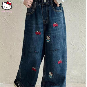 Christmas gifts Halloween New Sanrio Hello Kitty Wide Leg Denim Pants Sanrio Girls Casual Print Spring autumn New Cartoon Loose Fit Straight Trousers