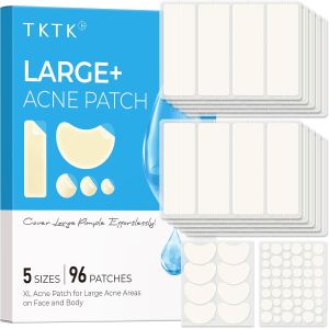 TKTK Pimple Patches for Face Large Hydrocolloid Strips 5 Sizes 96 Count 60 x 20 mm Big Acne Patch Large Bandages for Forehead Chin Back Blemish Zit Breakouts & Clusters (Strip Contoured Dots)