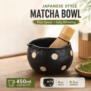 Ceramic Matcha Bowl With Pour Spout Japanese Polka Dot Tea Mixing Cup For Whisk 450ml