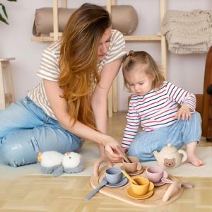 IPIE2 Early Educational Silicone Afternoon Tea Set Simulation Little Bear Tea Set Play Toy Kitchen Accessories Montessori Pretend Play Kitchen Set Toddlers Girls Boys