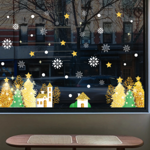 DECAL NOEL – Hít Tĩnh Điện Những Ngôi Nhà Bên Cây Thông Vàng Lấp Lánh Giáng Sinh-AMJ075(50*70cm )