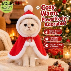 JACIRCLE Pet Christmas Costume Cat Red Cloak Hood Cape Santa Hat Warm Scarf Winter Outfit S M L