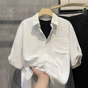 Mùa Hè Da Thân Thiện Lụa băng thoáng khí tay ngắn Áo Sơ Mi Cho Nam Giới Của xu hướng thời trang Đơn Giản Và Sạch Sẽ Màu Sắc Mát Mẻ Và Giản Dị Giữa Tay Áo Sơ Mi Cho Nam Giới