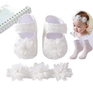 White Walking Shoes for Baby Girls 0-12M Baptismal Shoes + Flower Headband + Free Socks Newborn Flats Baby Christening Gift Phtoshoot Props
