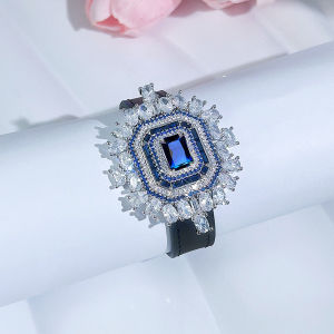 SEQUITO Luxury Quality Women Jewelry Blue White Big Cubic Zirconia White Gold Plated Black Watchband Leather Belt Bracelet Charm Banquet Wrist Accessories B224