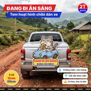 Tem Dán Xe Mèo Béo Ăn Bánh Mì Lái Ô Tô Chibi Hài Hước Sticker Hoạt Hình Dán Ô Tô Xe Máy Chống Nước