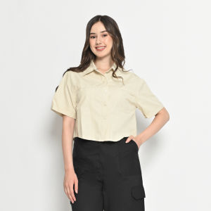 QUEENTIN Kemeja Pocket Crop Wanita 88020 Jeans Wash Polos Lengan Pendek