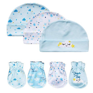 Newborn Babys set 3 Piece Caps & 4 Pairs Gloves Fashion Design Lovely Cartoon Cloud Infant Baby Beanie and Mittens