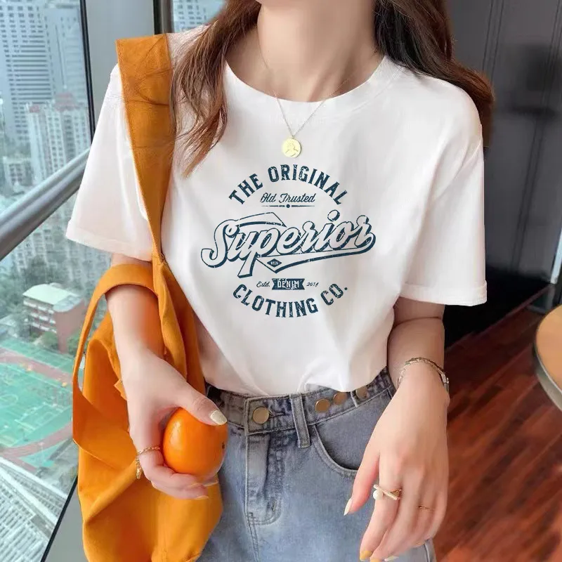 100% Cotton Womens Tshirt Summer Short-sleeved 2023 New Loose Half