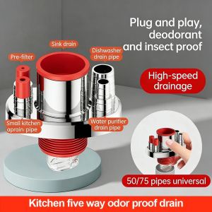 DORADO 5 trong 1 Đầu nối ống bếp Nhựa Chống mùi Đầu nối ống thoát nước Bền bỉ Đa chức năng Bộ chuyển đổi tách nước Chậu rửa chén