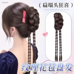 NO4 PANDA Synthetic Flower Bud Bun Wig Claw Clip Handmade Long Hairpiece Hair Accessories Fluffy Twisted Braid Ponytail Extensions for Women