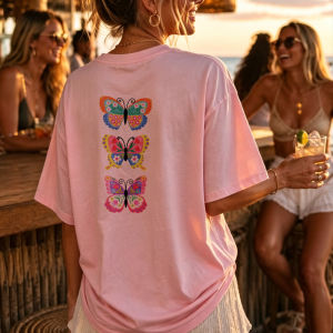 [Local Stock] HBESTY  Colorful Butterflies Floral Stacked Design Crew Neck Short Sleeve Beach Style Pink Tunic Blouse Vacation High Quality Cotton Top