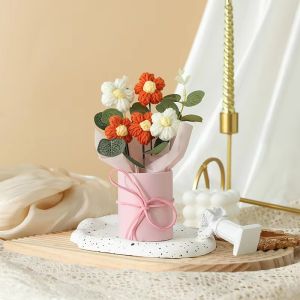 Hand Knitted Artificial Crochet Flower With LED Light Flower Bucket Valentines Day Wedding Gift