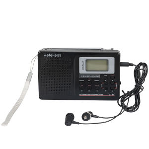 Retekess V111 Portable AM FM Shortwave Radio Alarm Clock Operated AA with Earphones Jack Sleep Timer for Travel(10K StepBlack)