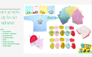 [ TẶNG VÒNG DÂU TẰM] Combo 42 Món Quần Áo Sơ Sinh Màu Gồm 5 áo cotton + 5 khăn sữa + 2 nón + 10 cặp bao tay + 10 cặp bao chân + 10 tã dán đóng tã