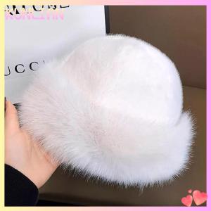 [KUNLIAN] หมวกทรงบัคเก็ตขนเฟอร์ขนฟูสำหรับผู้หญิงหมวกชาวประมงหรูหราหมวกฤดูหนาวให้ความอบอุ่นหมวกปานามาแบบหนาสำหรับวันหิมะหนาว