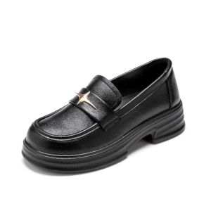 Clearance!No Returns Or Exchanges.WomenS Thick-Soled Genuine Leather Slip-On Loafers Black Retro Shoes Large Size