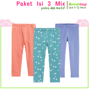 PAKET HEMAT 3 Pcs Legging Anak Motif dan Polos Usia 1 - 12 Tahun Kaos Katun Spandex Import Tebal Awet