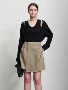 Autumn new solid-color commuter casual A-line asymmetrical hem woven non-elastic skirt  QZ2-1251TM1065-B