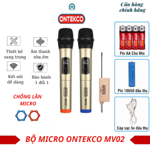 Trọn bộ 2 micro chính hãng ONTEKCO MV02 vàng đen âm hay vang ấm giọng nhạc chuẩn