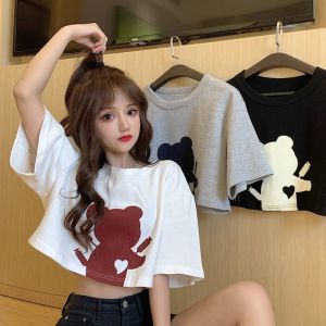 SHUFU 2298 korean style oversized white round neck tops for women plus size short sleeve t shirt croptop cotton