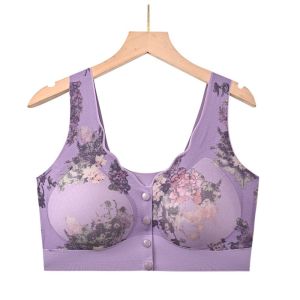 VCH Floral Mothers Wireless Bra Large Size Front Buckle Mid-aged Elderly Brassiere Comfortable Shockproof Seamless Underwear Female