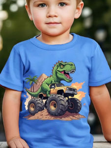 2025 New เสื้อยืดเด็กเสื้อผ้าเด็กชายลายไดโนเสาร์เสื้อยืดคอกลมลำลองสำหรับเด็กผู้ชายสตรีทอินเทรนด์แฟชั่นเสื้อเด็กเสื้อผ้า