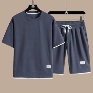 AE Mens sportswear set for foreign trade waffle fabric set summer short-sleeve T Shirt + Shorts 2 Sports suit set