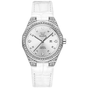OLEVS 5606 Women Quartz Fashion Watch Gift Round-dial Leather Watchband Wristwatch Calendar