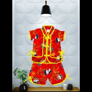 Setelan baju raya cina shio naga merah lengan pendek usia 0 sampai 10 tahun