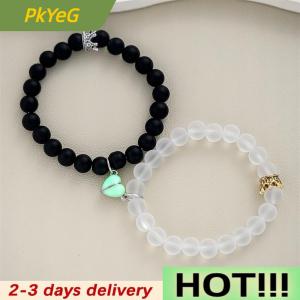 PkYeG 2pcs Handmade Crown Beaded Charms Bracelet Luminou Heart Glow In The Dark Couple Bracelet For Lover Men Women Fluorescent Gift