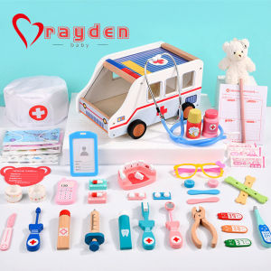 Kids Wooden Doctor Toy Set Simulation Family Doctor Nurse Medical Kit Pretend Play Ambulance Medicine Accessorie Children Toys