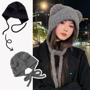 Women Fashion WarmKnit Ear Protection Hat Cute Bear Ear Outdoor Travel Cycling Knitt Fluffy Warm Pullover Cap for Winter