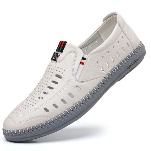 G72025 Summer Hot-Selling Mens Sandals Genuine Leather Business Hollow Out Perforated Mens Shoes Soft Sole Hole Dad Leather Shoes White 7/7