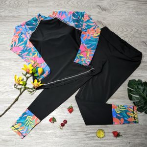 Bikini đồ bơi nữ đi biển 2 mảnh áo thun phủ bụng dài tay kèm mút mỏng quần dài phối màu chất liệu thun lạnh BINSPORTS BHV229