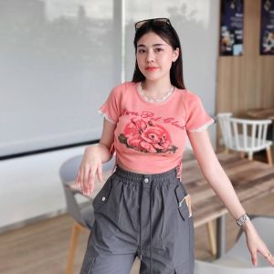 🌈SpinnyHouse🌈เสื้อครอปแขนสั้ั้น คอกลม แต่งเชือกผูกข้าง 🧽 สกรีนลายน่ารักสุด รุ่น กระดิ่ง B-033-2-A