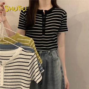 SHUFU 2807 Hàng sẵn sàng phong cách Hàn Quốc áo phông cổ v cho phụ nữ cộng với kích thước cotton bình thường ngọn đan thời trang sọc t shirts womens