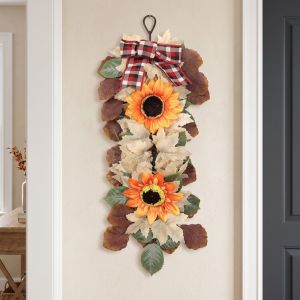 BEITE UV Resistant Autumn Sunflower Wall Hanging Rustic Real Touch Simulation Sunflower Decor Swag Floral Arrangement with Bow Maple Sunflower Bouquet Thanksgiving Entryway