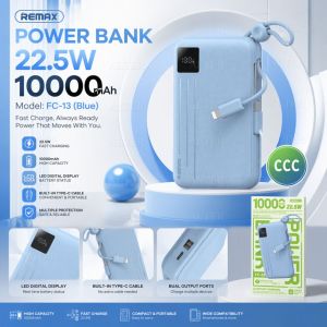 [ CCC Certified ] REMAX FC-13 10000mAh Power Bank 22.5W Fast Charging Portable Charger with Built-in Dual Cables