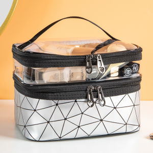 Double-layer Make-up Bag for WomenIce Crack Pattern Fashion Cosmetic Bag Waterproof PU Toiletry Organize Travel Bag