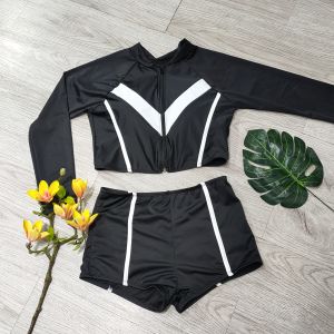 Bikini đồ bơi nữ đi biển 2 mảnh áo dài tay croptop kèm mút mỏng quần đùi cạp cao chất liệu thun lạnh BINSPORTS BHV205