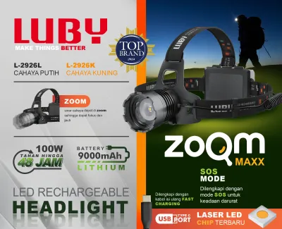 LUBY ZOOM MAXX L-2926L Headlamp LED Rechargeable 100W Baterai 9000mAh Mode SOS Camping & Hiking